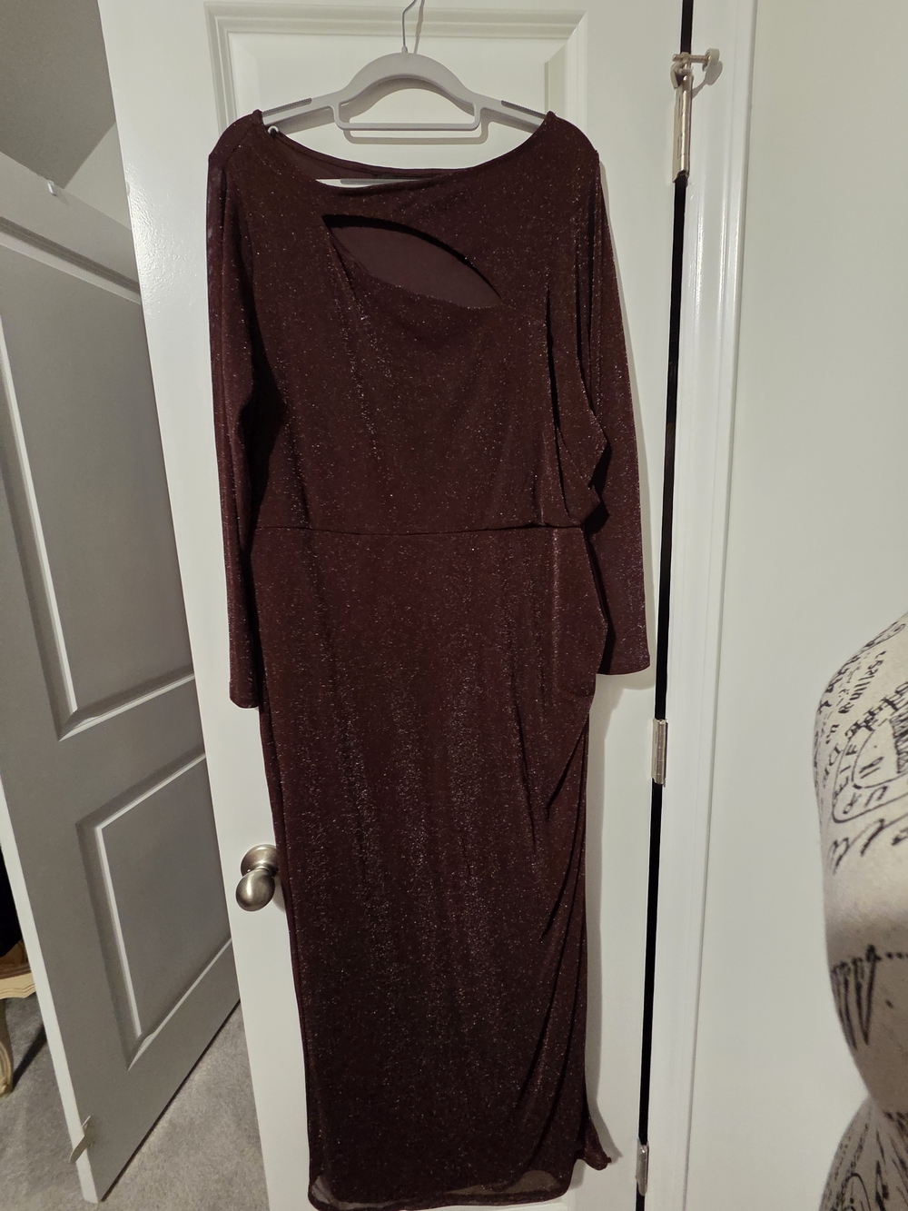 Long Sleeve Glitter Evening Gown in Deep Burgundy